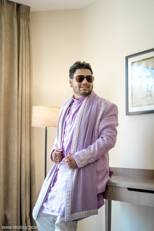 Lavender Embroidered Kurta Set with Jacket & Dupatta - Kirti Agarwal