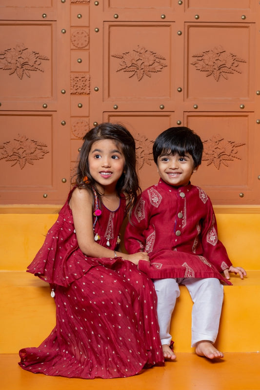 Maroon kids’ festive set with embroidered peplum top and flared skirt & Red Embroidered Kurta With White Pyjama - Kirti Agarwal