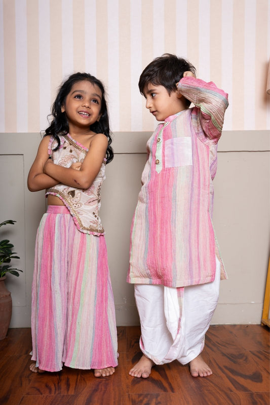 Multicolor Crush Tissue Kurta With Dhoti & Beige Embroidered Top With Crush Tissue Palazzo - Kirti Agarwal