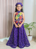 Festive Purple Crop Top with Handmade Flower Hangings, Flared Palazzo & Matching Bandana
