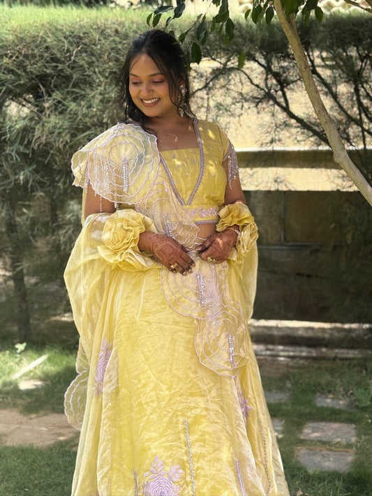Pastel Yellow Crushed Organza Lehenga Set - Kirti Agarwal