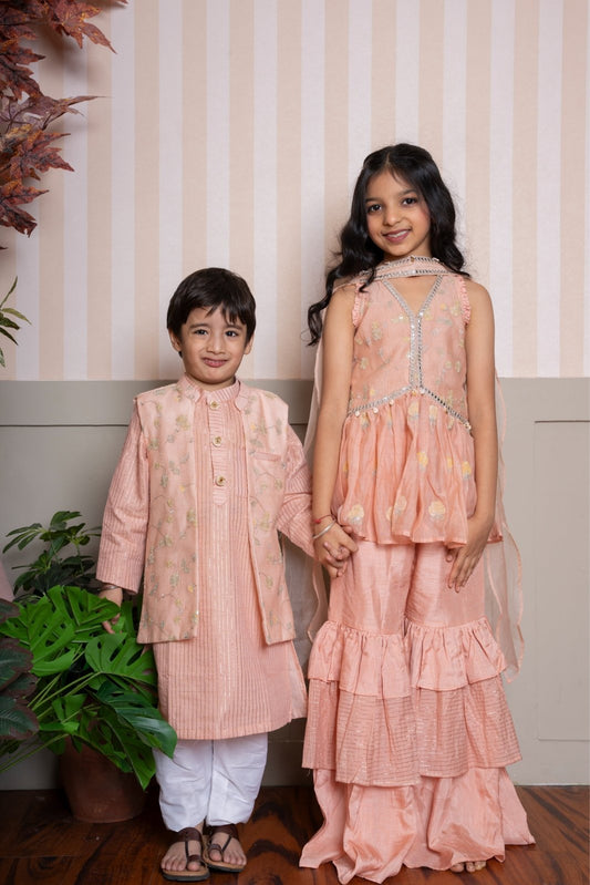 Peach Sharara for Girls and Nehru Jacket set for Boys - Kirti Agarwal