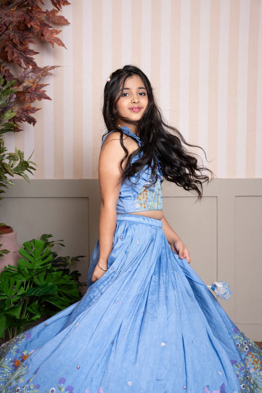 Powder blue embroidered lehenga set with ruffle crop top – a blooming beauty for your little one’s festive flair - Kirti Agarwal