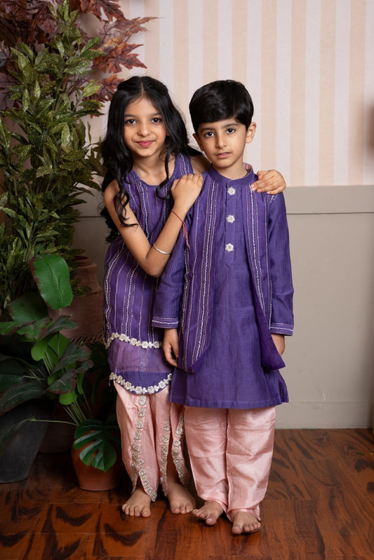 Purple kurti with peach tulip pants and Purple kurta and peach pant set for boys. - Kirti Agarwal