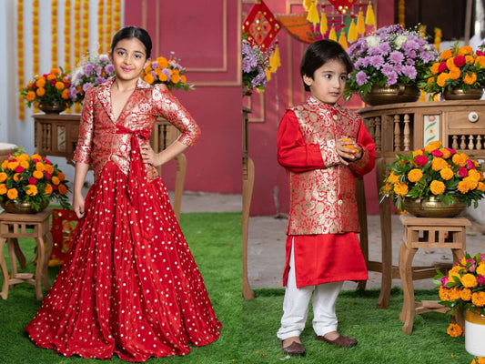 Red Brocade Lehanga for Girls and Red Brocade 3 piece set for boys - Kirti Agarwal