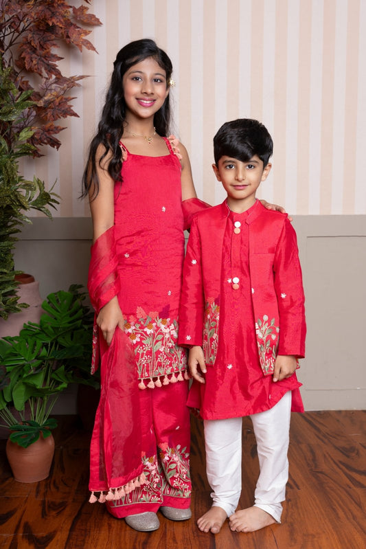 Red Kurta With Front Open Floral Embroidered Jacket And Pyjama & Red Sleeveless Floral Embroidered Kurti With Palazzo And Dupatta - Kirti Agarwal