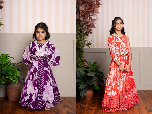 Red Stylish Printed Embellished Top And Flared Lehenga & Purple Stylish Printed Embellished Top And Flared Lehenga - Kirti Agarwal