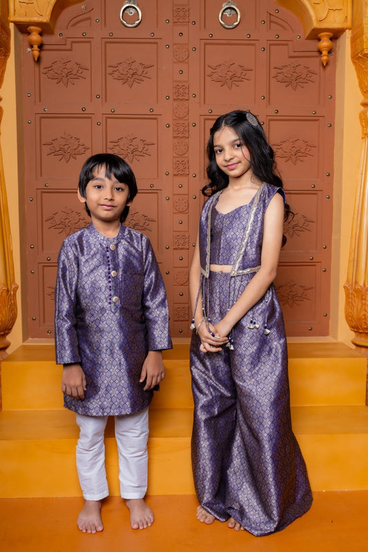 Regal 3 - piece brocade silk set with crop top, palazzo, and tassel jacket & Royal purple silk kurta with white churidar - Kirti Agarwal