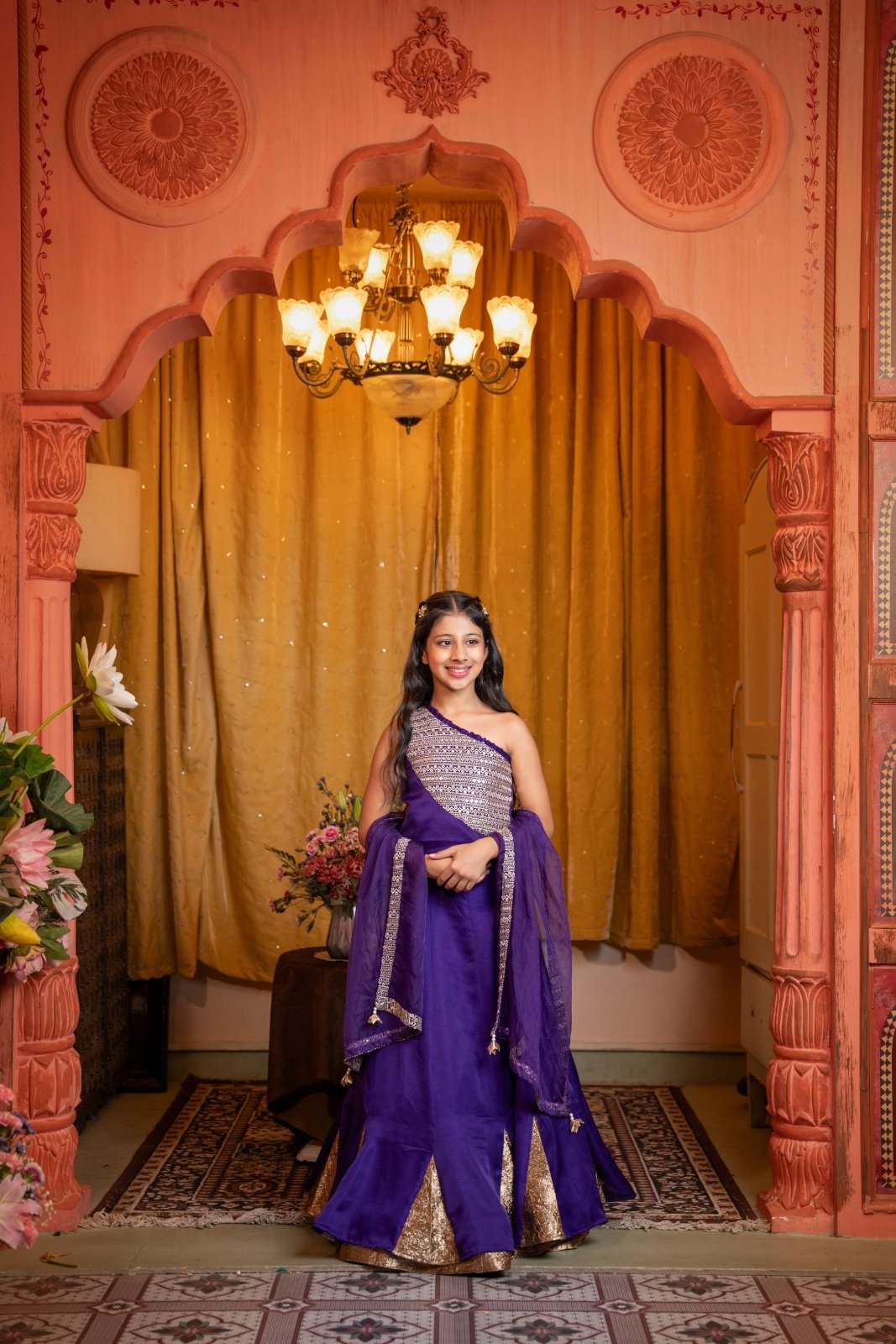 Regal One - Shoulder Purple Lehenga Set with Golden Brocade Panels – A Royal Statement for Every Festive Occasion! - Kirti Agarwal