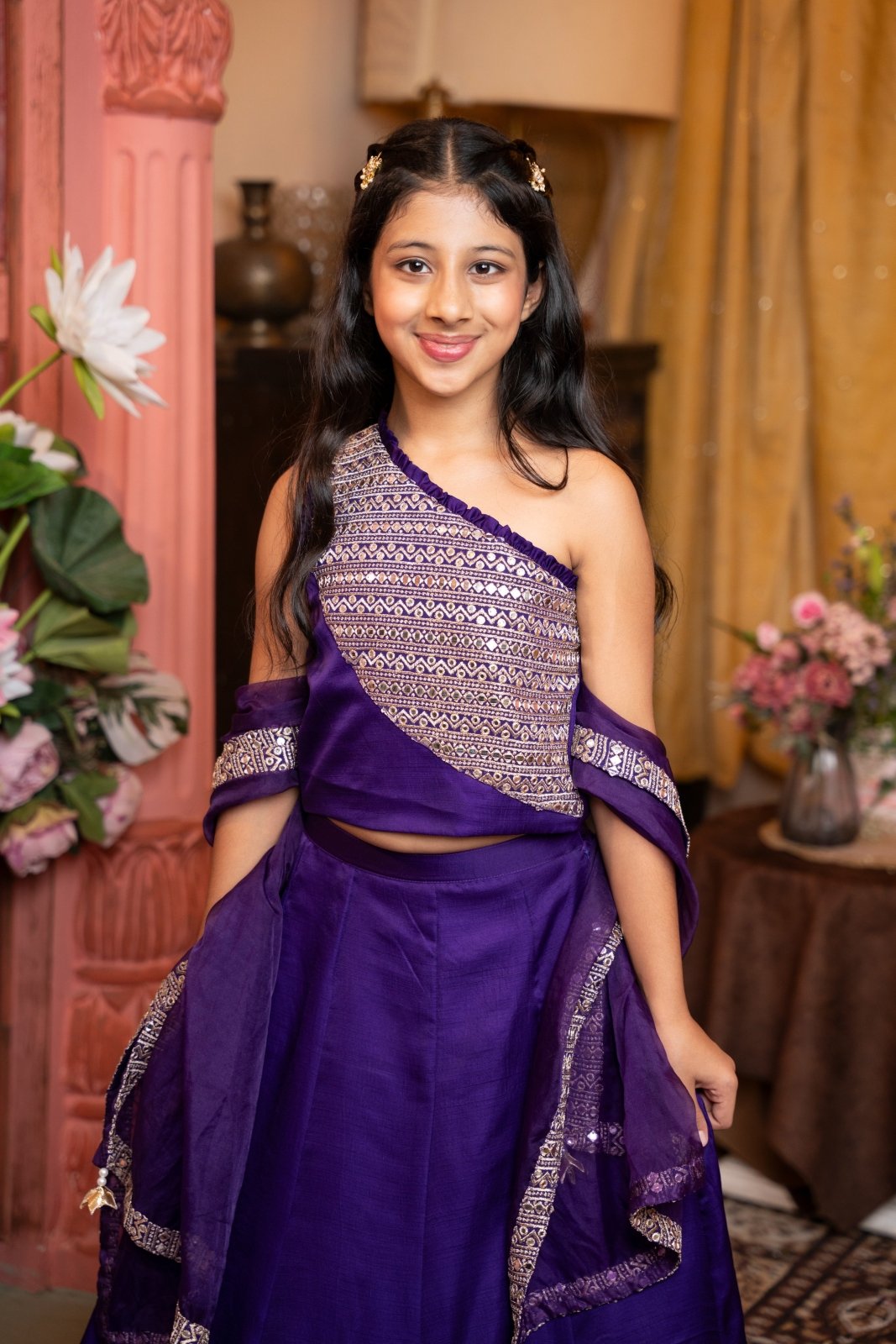 Regal One - Shoulder Purple Lehenga Set with Golden Brocade Panels – A Royal Statement for Every Festive Occasion! - Kirti Agarwal