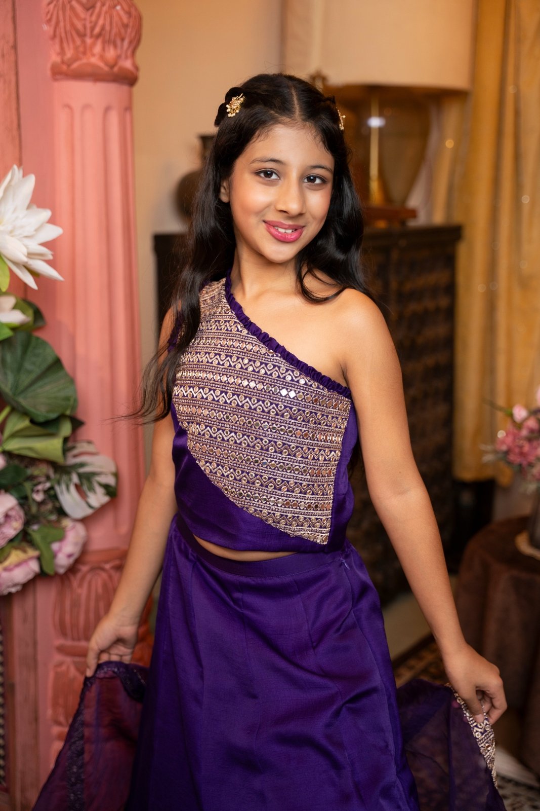 Regal One - Shoulder Purple Lehenga Set with Golden Brocade Panels – A Royal Statement for Every Festive Occasion! - Kirti Agarwal