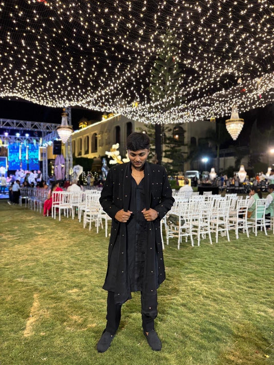Royal black kurta set with embellished jacket and dupatta – a bold statement for festive elegance - Kirti Agarwal