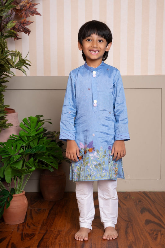 Sky blue floral embroidered kurta set – a dapper pick for your little one’s festive moments - Kirti Agarwal