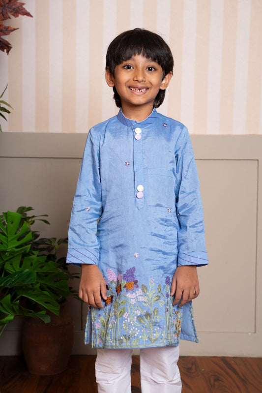 Sky blue floral embroidered kurta set – a dapper pick for your little one’s festive moments - Kirti Agarwal