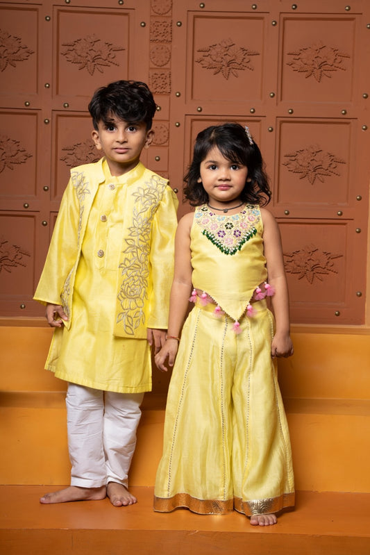 Sleeveless Embroidered Stylish Hem Top With Palazzo & Yellow Kurta With Embroidered Jacket And White Pyjama - Kirti Agarwal