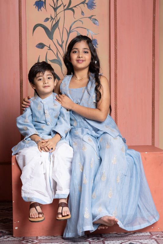 Steel blue embroidered crop top with scalloped jacket and palazzo set & embroidered kurta with white dhoti - Kirti Agarwal