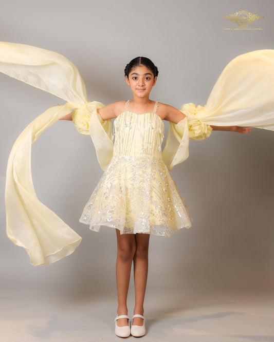 Sunshine Sparkle – A Dazzling Yellow Frock with Flowing Drapes for the Little Diva. - Kirti Agarwal