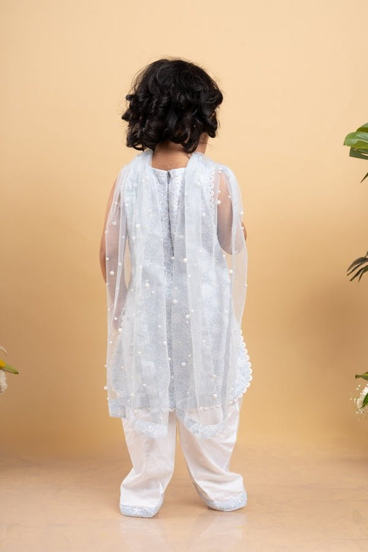 Thread Embroidered Kurti And Dhoti With Net Dupatta - Kirti Agarwal
