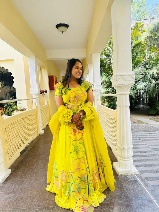 Vibrant Yellow Floral Crop Top Lehenga with Dramatic Sleeves - Kirti Agarwal