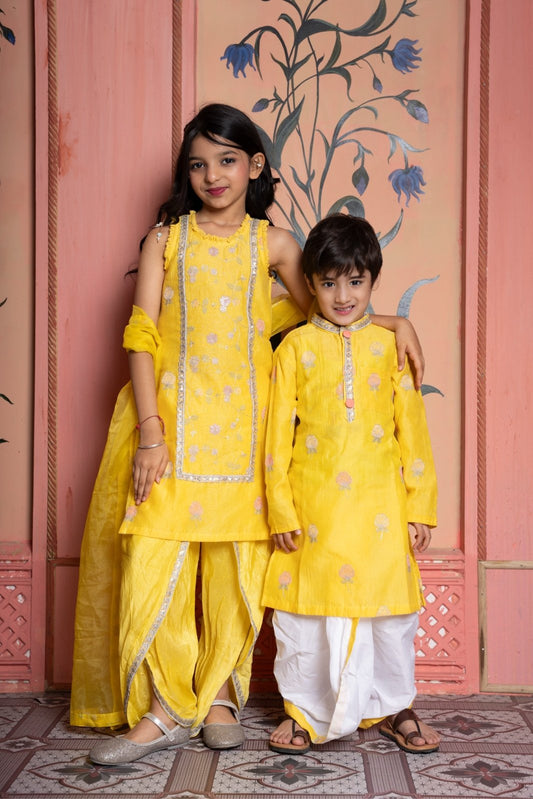 Yellow Embroidered Kurta With Dhoti & Yellow Sequin Embroidered Sleeveless Kurti With Dhoti And Dupatta - Kirti Agarwal