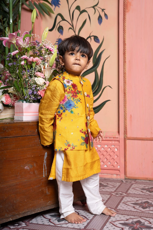 Yellow Kurta And Floral Printed Embroidered Jacket With Pyjama - Kirti Agarwal