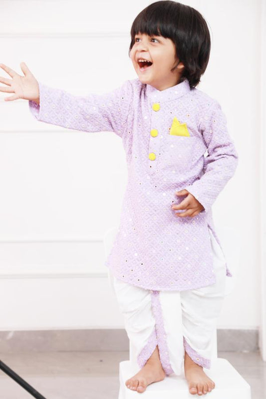 Contrasting Pocket Square Lavender Kurta And White Dhoti - Kirti Agarwal