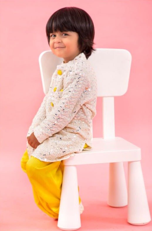 Faux Mirror Work And Thread Embroidered Ethnic Kurta With Lemon Yellow Dhoti - Kirti Agarwal