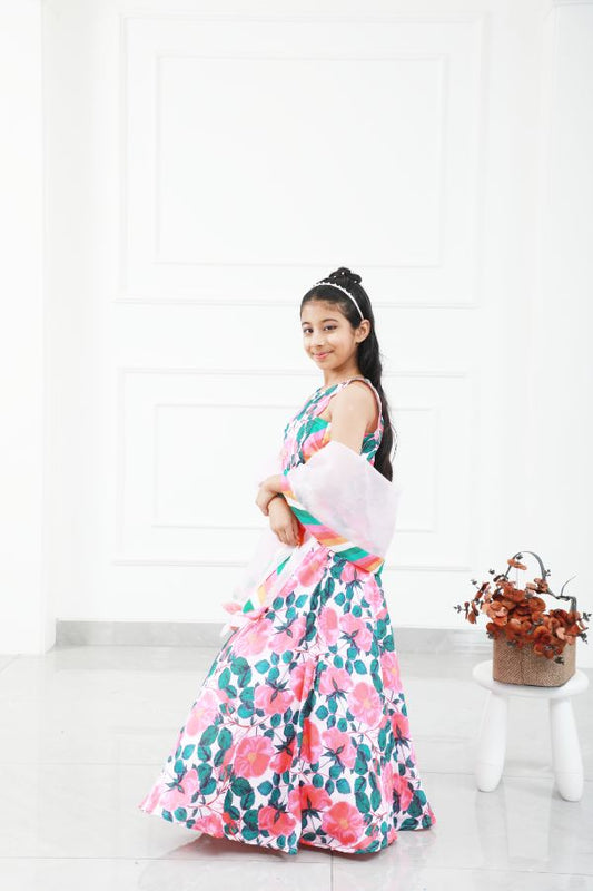 Floral Modal satin based crop top with Lahenga and Dupatta - Kirti Agarwal