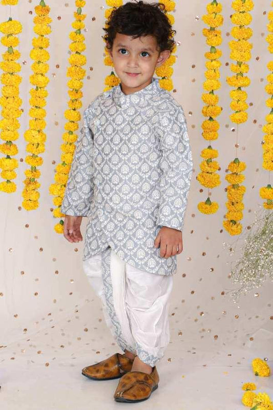 Floral Thread Embroidered Grey Kurta And Dhoti - Kirti Agarwal