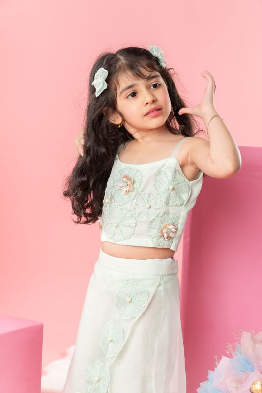 Flower Embroidered sea green crop top with Layered Palazzo - Kirti Agarwal