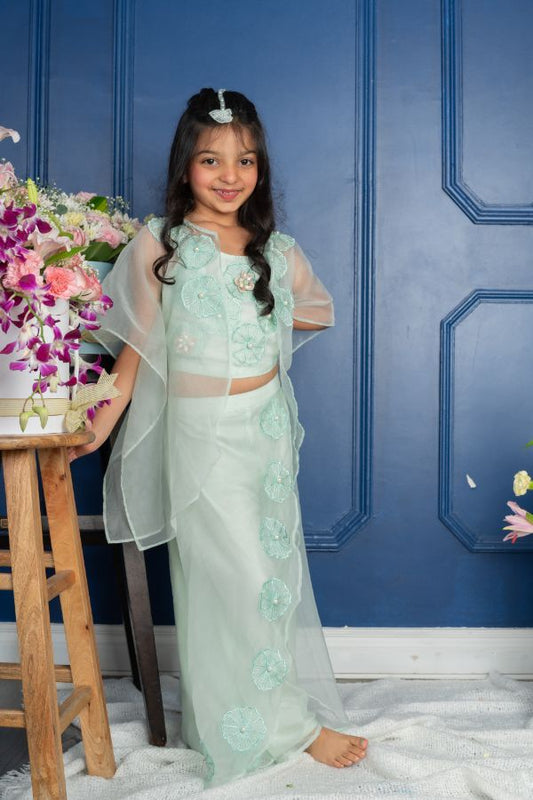 Flower Embroidered sea green crop top with Layered Palazzo and cape - Kirti Agarwal
