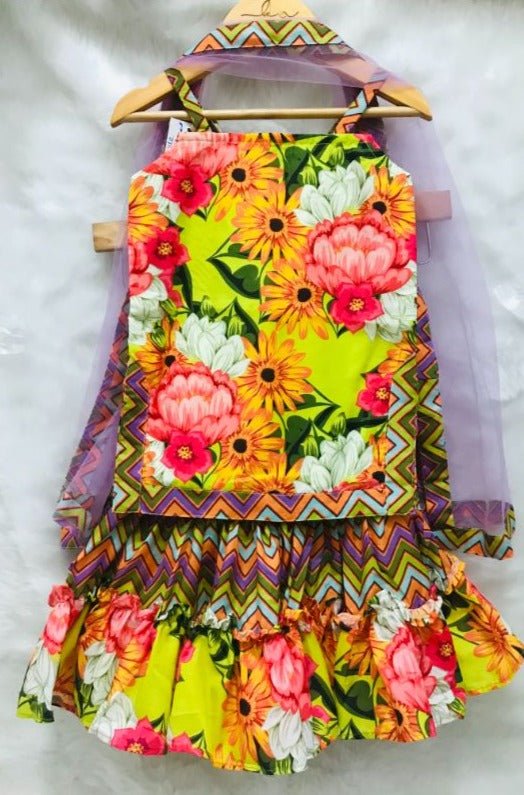 Flower Print Short Kurta with Net Dupatta and Sharara - Kirti Agarwal
