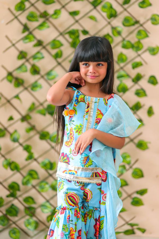 Flower Print Short Kurta with Sharara and Dupatta - Kirti Agarwal