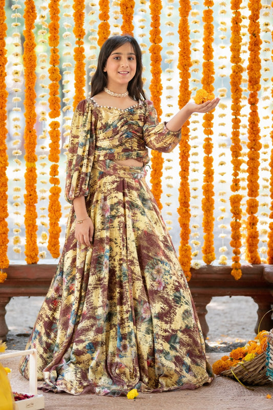 Gorgeous gold foil print crop top with Lahenga - Kirti Agarwal