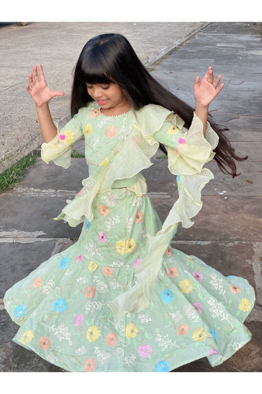 Green Embroidered Crop top with Lahenga and Dupata - Kirti Agarwal
