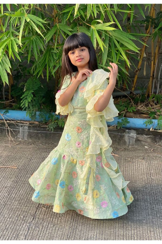 Green Embroidered Crop top with Lahenga and Dupata - Kirti Agarwal