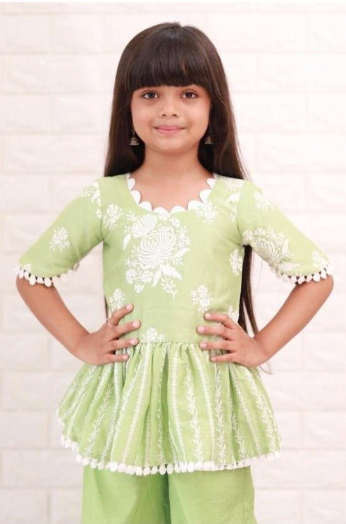 Green Thread Embroidered And Lace Work Kurti With Palazzo - Kirti Agarwal