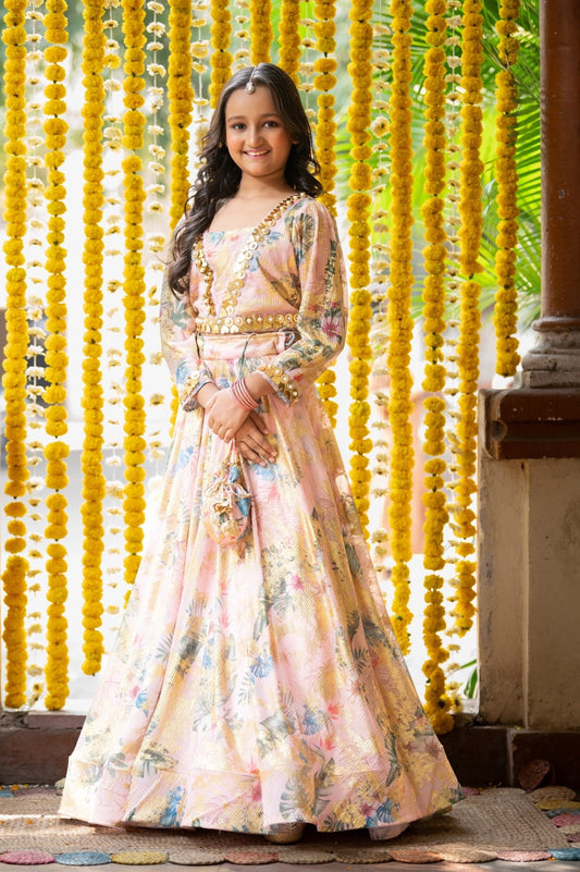 Heart Shaped Mirror Embellished Top With Floral print Lehenga - Kirti Agarwal