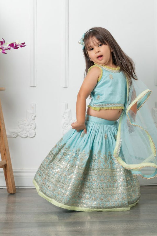 Heavy pita work lahenga with dupatta attached to top - Kirti Agarwal