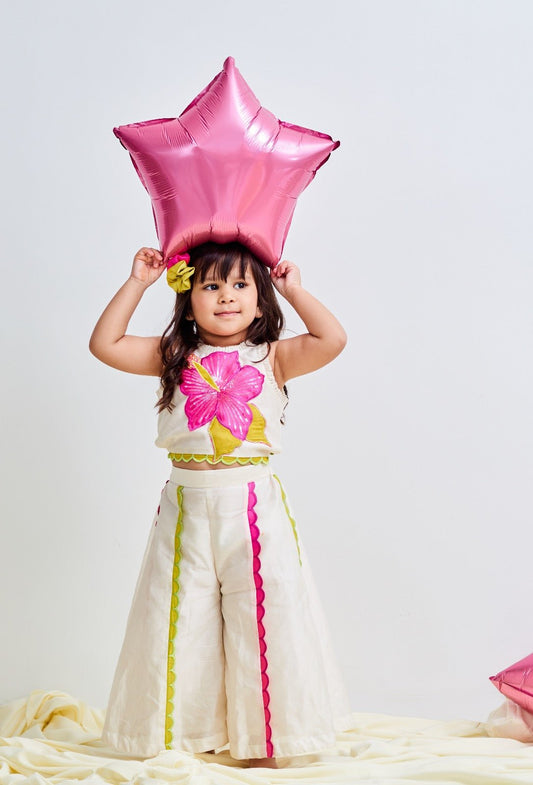 Hot Pink Floral Embroidered Top And Palazzo With Potli Bag - Kirti Agarwal
