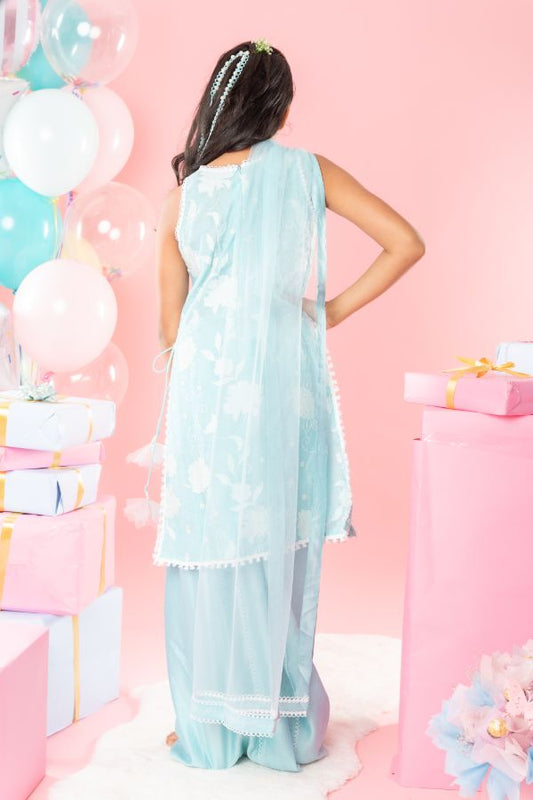 Lace Work Enhanced Blue Kurti And Palazzo With Net Dupatta - Kirti Agarwal