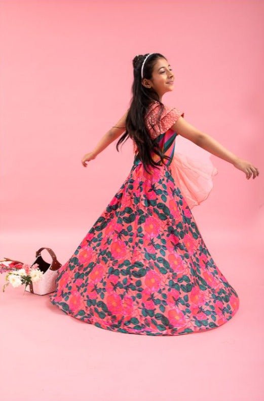 Layered Cape with Crop Top with Floral Lahenga - Kirti Agarwal