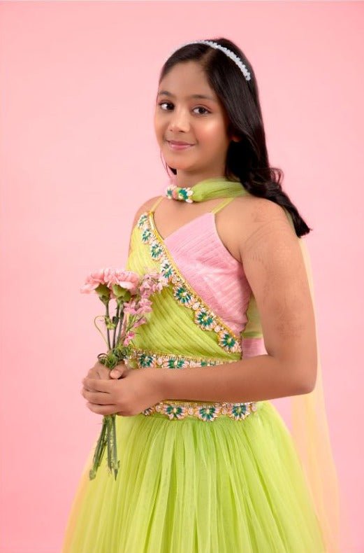 Light Lime Green And Baby Pink Dual Tone Pleated Top And Ruffle Lehenga With Knot Detail Dupatta - Kirti Agarwal