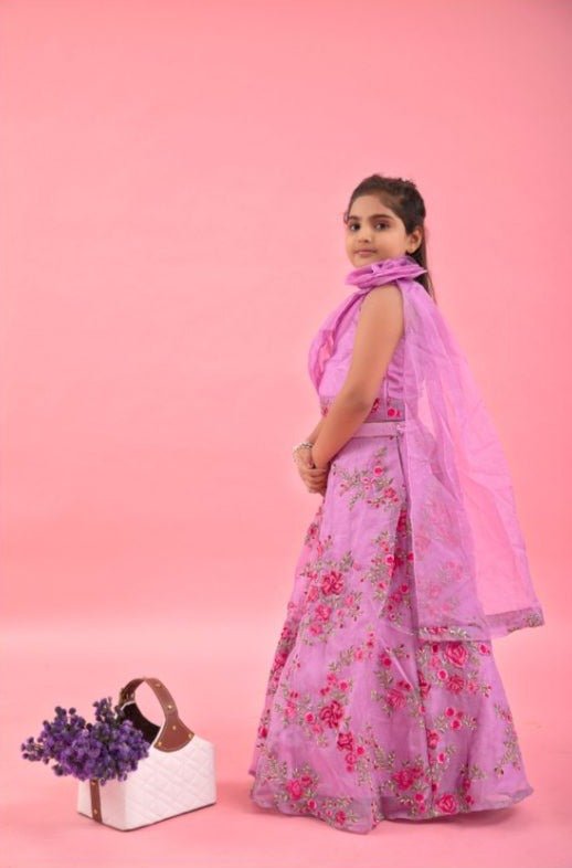 Lilac Pleated Rose Drape Top And Floral Embroidered Lehenga - Kirti Agarwal