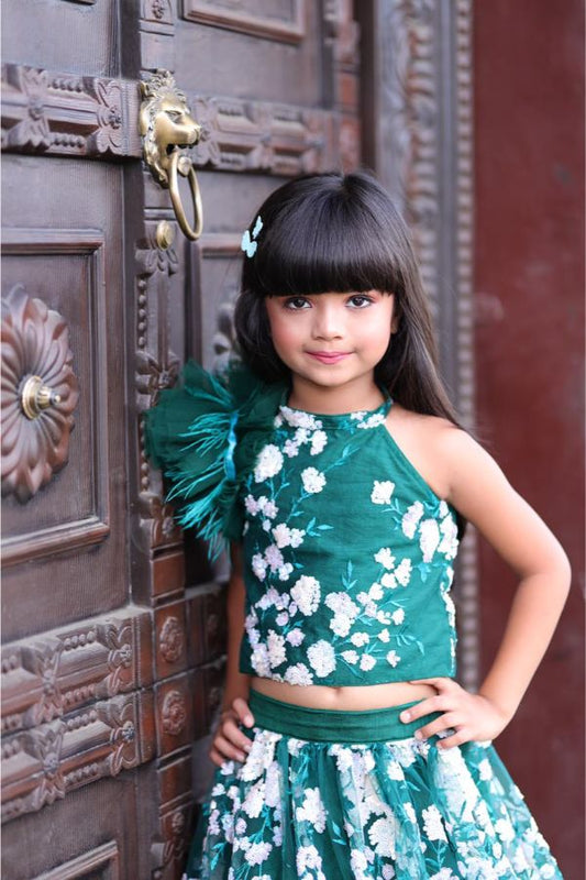 One off Shoulder Feathered Crop Top with Heavy Embroidered Lehenga - Kirti Agarwal