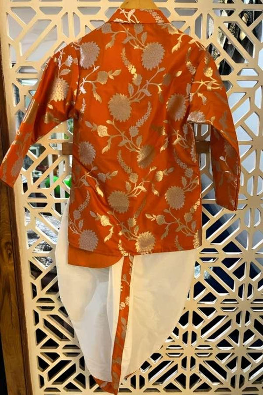 Orange Floral Brocade Asymmetric Kurta With Dhoti - Kirti Agarwal