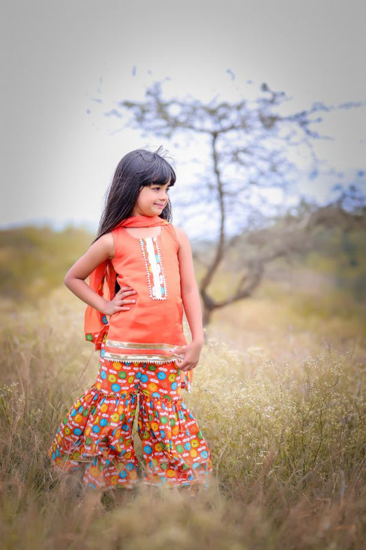 Orange Printed Short Kurta with Flower print sharara and Dupatta - Kirti Agarwal