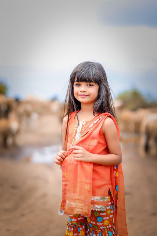 Orange Printed Short Kurta with Flower print sharara and Dupatta - Kirti Agarwal