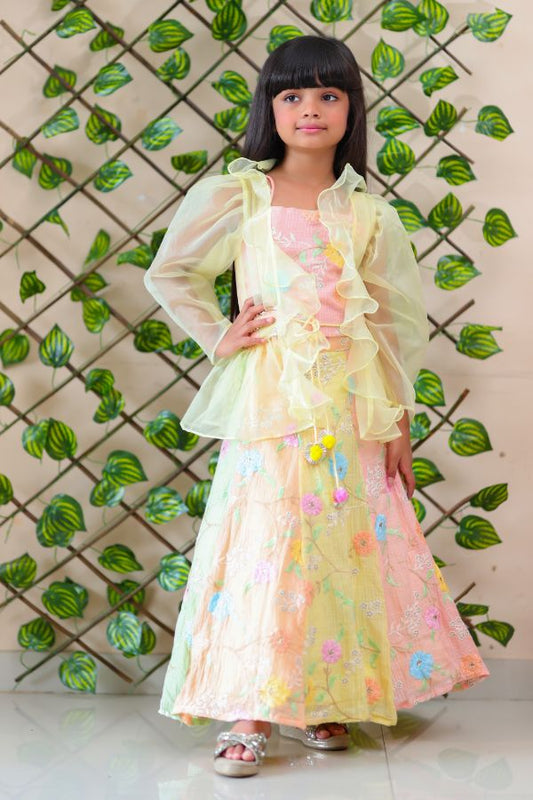 Peach Crop Top with multicolour Lehenga and Jacket - Kirti Agarwal