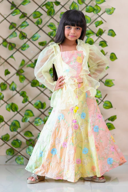 Peach Crop Top with multicolour Lehenga and Jacket - Kirti Agarwal
